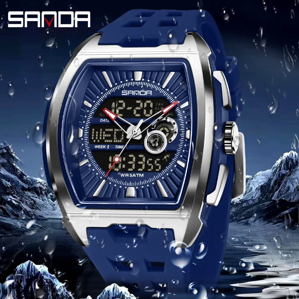 SANDA Fashionable luxury men's watch with alarm clock, multifunctional digital electronic clock, trendy men's watch, silicone waterproof -1