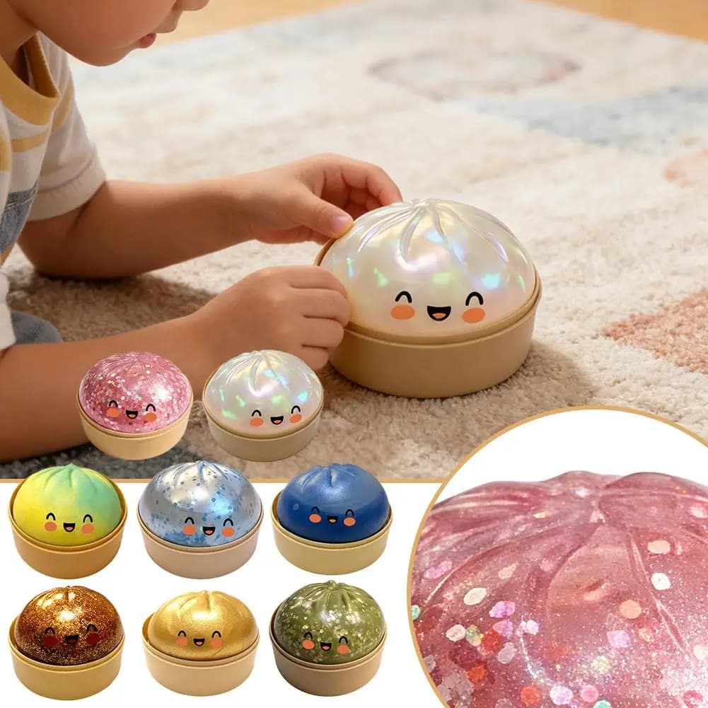 Giocattolo Antistress a Forma di Panino al Vapore Colorato, Simpatico Giocattolo Morbido in TPR con Glitter per Relax, per Bambini e Adulti