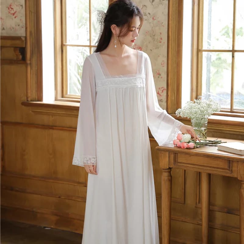 Cotton Long Sleeve Night Shirt, Chinese Style with Square Collection, Breathable and Soft Nightwear for Home, Spring-Autumn