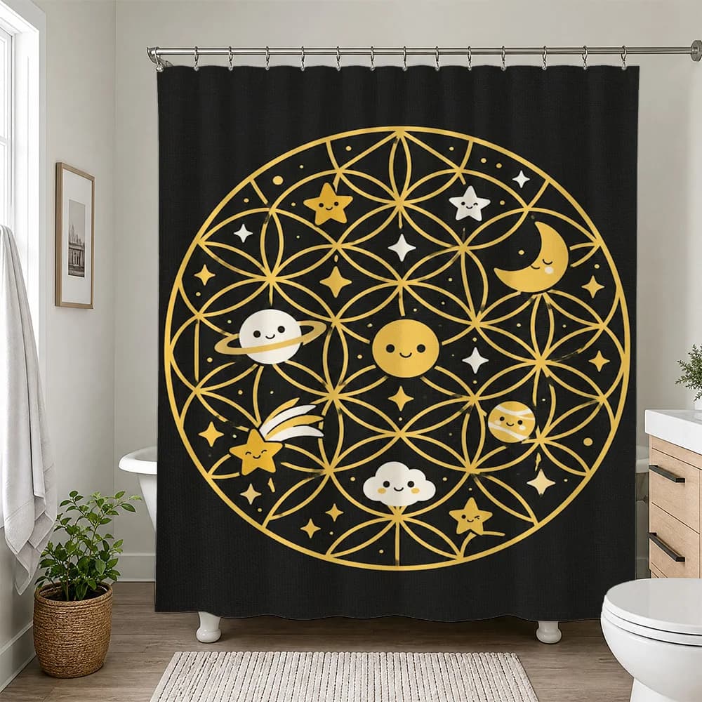 Galaxy Constellation Shower Curtain Black Background Celestial Planets Stars Moon Space Bathroom Decor