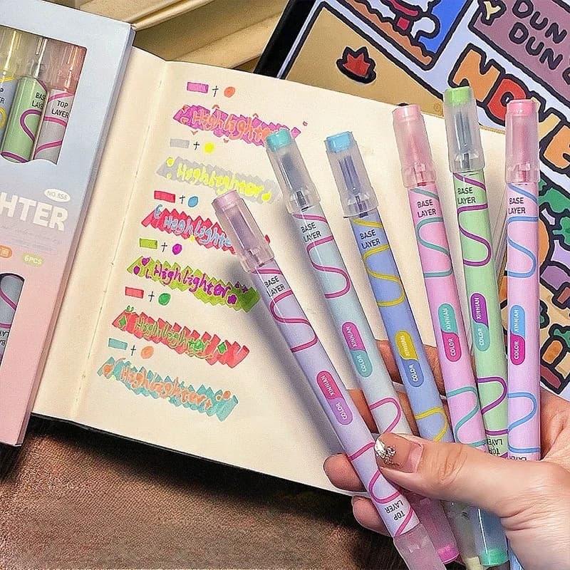 6 pennarelli evidenziatori a doppia punta - 6 colori brillanti con punte fluorescenti e per disegnare linee - Penne in plastica resistente adatte per la scuola