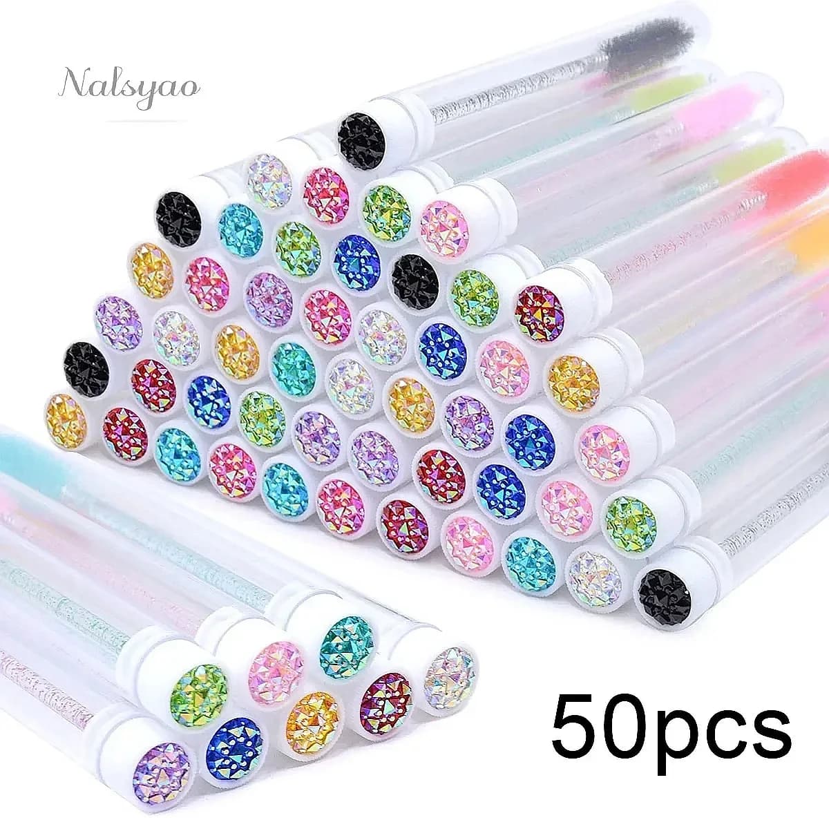 50Pcs Crystal Eyelash Brush Tubes with Mascara Wands Eyebrow Comb Spoolie Container Lash Applicators Makeup Tools