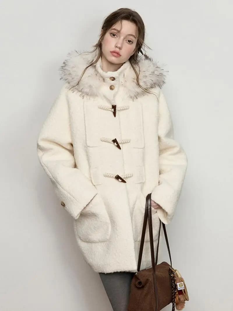 Women winter coat Capispalla Korean style Fur collar Wool coat with hood Woman Spring New button in loose horn Long middle wool