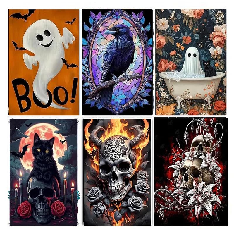 AB Diamond Painting Halloween Flame Skull Set di pittura diamante 5D (adatto per principianti) Decorazione pittura mosaico fai da te