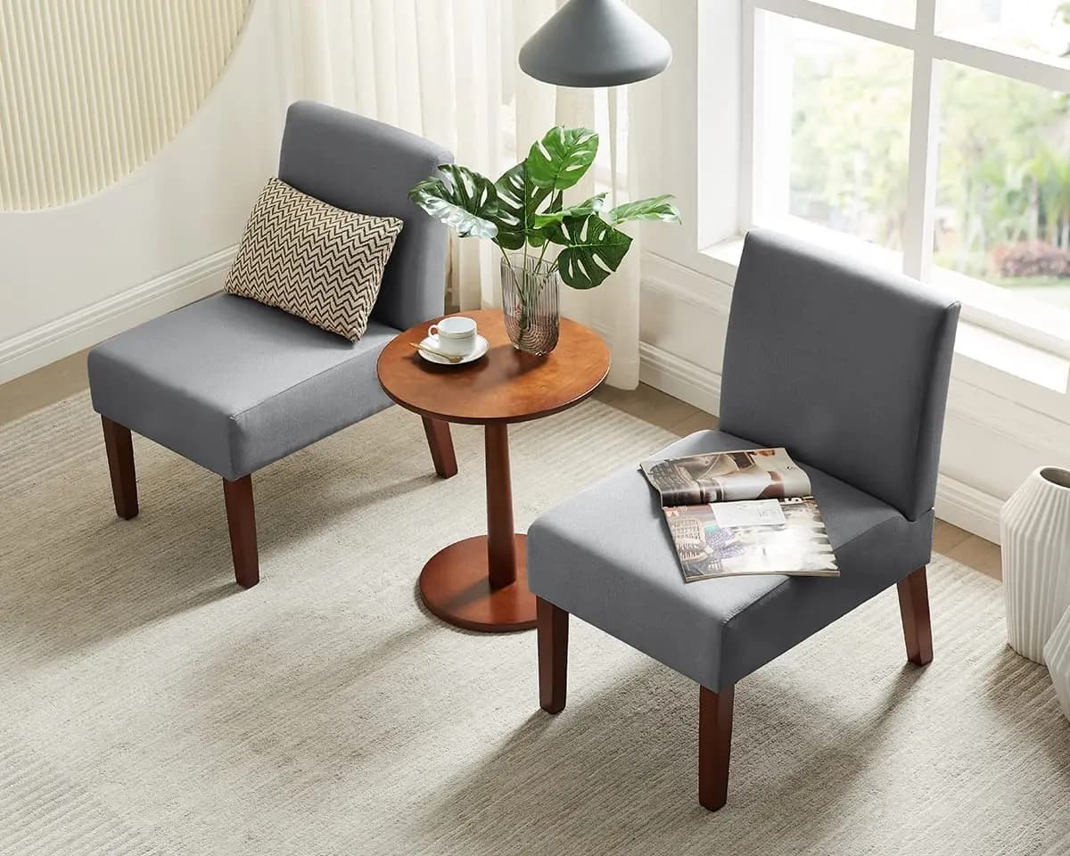 Set di Poltrone Senza Braccioli in Lino e Tavolino Rotondo in Legno, Moderno per Soggiorno, Camera da Letto, Ufficio, Grigio, Personalizzabile