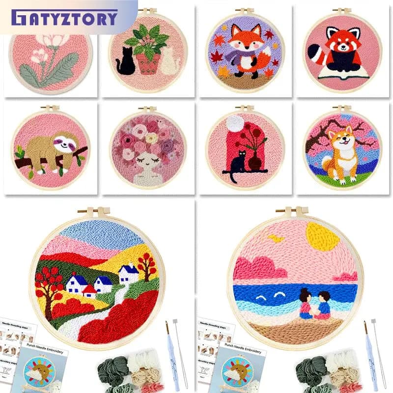 DIY Punch Needle Embroidery Kit Cartoon Pattern Starter Kit Magic Tufting Set Poking with Yarn Cross Stitch Tools For Knittin