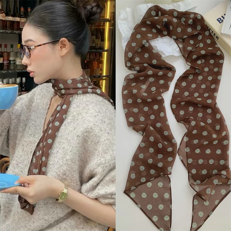 Nuova sciarpa lunga in chiffon marrone a pois stile Ins 2026, accessorio multifunzionale da collo, fascia per capelli da donna, lenzuolo per capelli