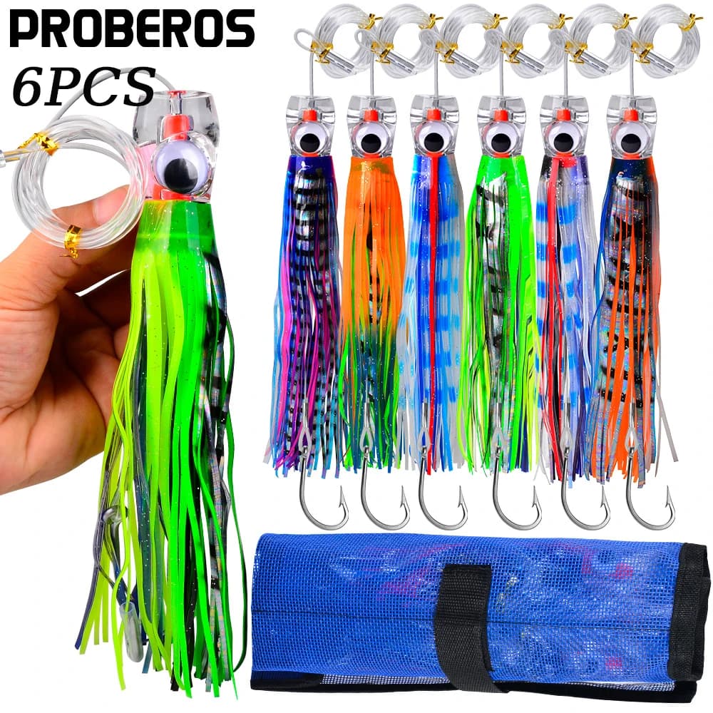 Proberos Set of 6 pcs 9/8.7/6.7/6 inch Trolling Lure Marlin Tuna Dolphin Shark Big Game Deep Sea Fishing Lures Included Mesh Bag