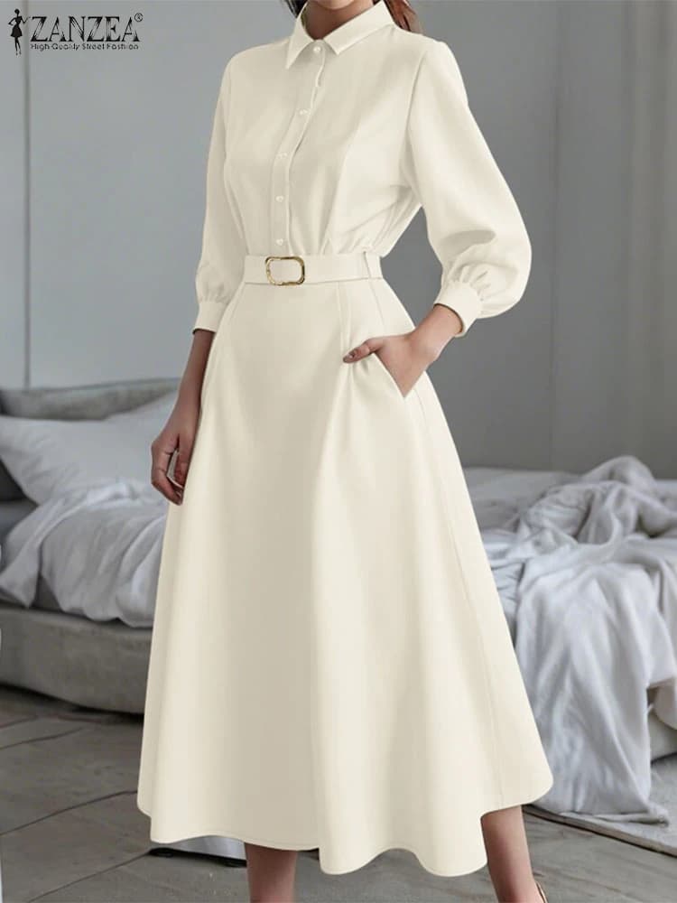 Elegant autumn shirt 2025 ZANZEA women's office dress elegant long sleeve OL summer dress with belt dress solid buttons Dress