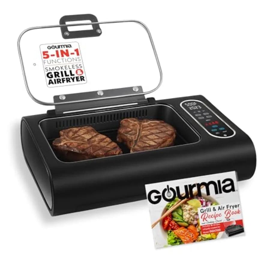 Grill e Friggitrice ad Aria Senza Fumo per Interni con Estrattore di Fumo, 5 Programmi di Cottura Preimpostati, per Grigliare, Friggere, Arrostire, Cuocere al Forno, Disidratare, da Appoggio