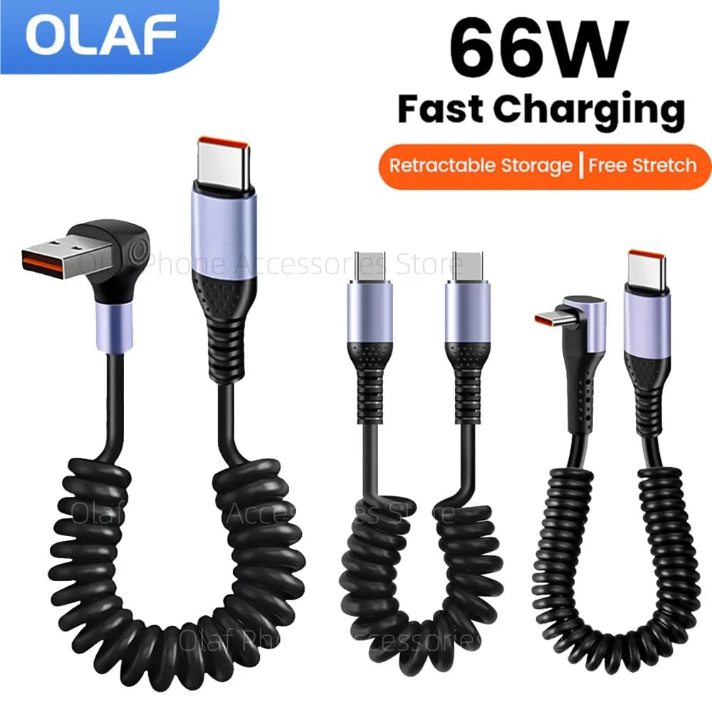Olaf Spring 66W Type C Cable USB C Cable Fast Charging Car Spring 6A Short USB Type C Cable For IPhone15 Huawei Xiaomi Samsung