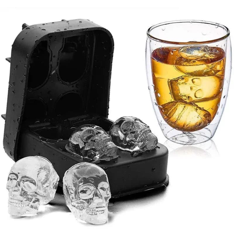 Vassoio flessibile per cubetti con stampo per ghiaccio in gelatina in silicone con teschio 3D per Halloween e feste di Natale per whisky e cocktail Nero
