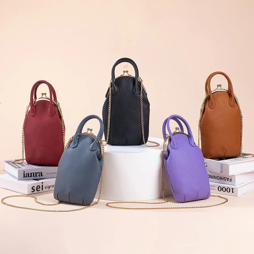 Mini Leather Phone & Cosmetic Pouch For Women - Kiss-Lock Crossbody Bag with Chain Strap, Compact Organizer for Everyday Use