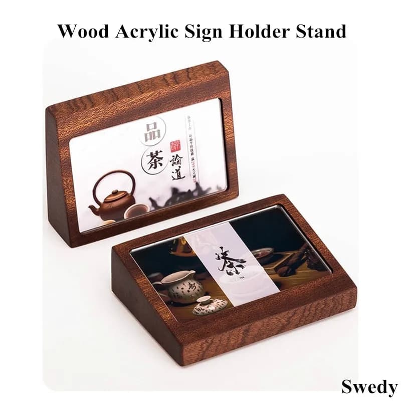 Set di 3 Supporti per Cartellini da Tavolo in Acrilico 90x54mm, Porta Etichette, Porta Nomi, Espositore per Cartelli in Legno