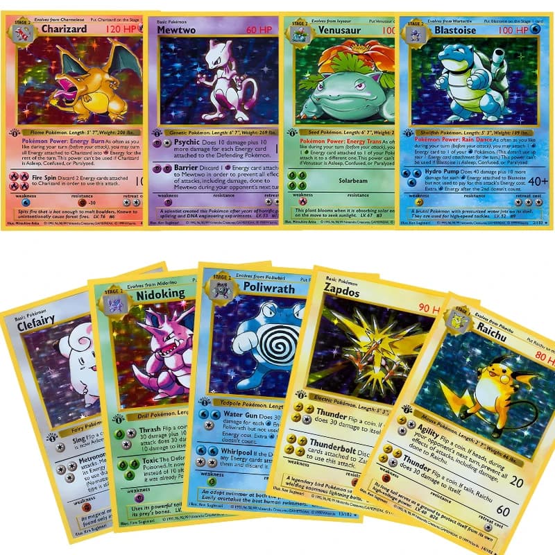 FAI DA TE Anime 1pc Pocket Monsters Collezione di Carte 1996 Set Base Lettere Inglese Charizard Blastoise PTCG Mewtwo Gioco di Carte Ragazzi Giocattoli
