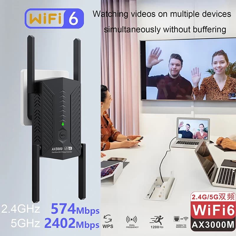 Ripetitore WiFi6 AX3000, Amplificatore di Segnale Dual Band 2.4G/5GHz, Router a Lungo Raggio per Casa e Ufficio