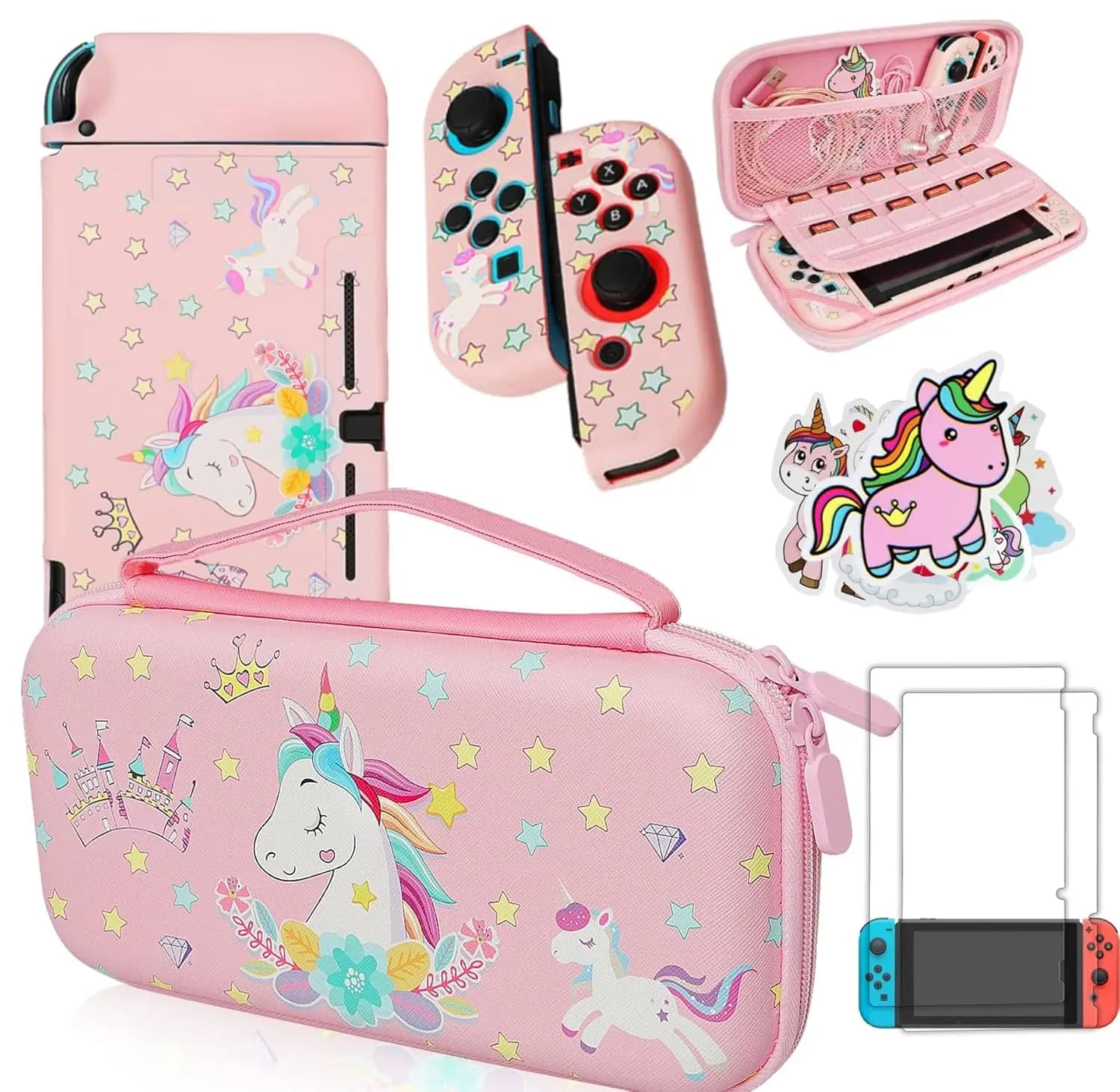 Custodia rosa a forma di unicorno per Nintendo Switch con impugnatura protettiva, protezione per lo schermo e adesivi