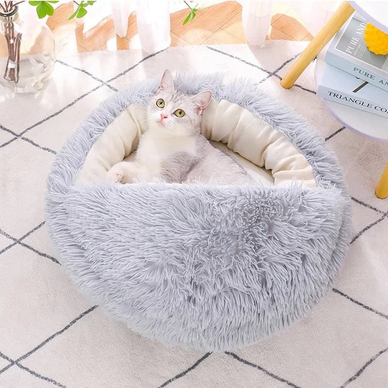 Pet invernale accogliente peluche rotondo semi-chiuso per animali domestici sonno profondo letto per gatti letto per animali domestici coperto con fondo antiscivolo per cani e gatti di piccola taglia