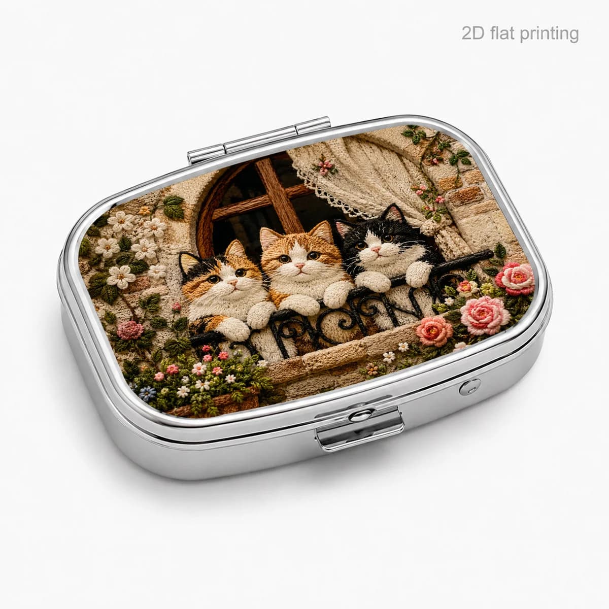 Embroidered Window-Sill Design with Three Cats and Floral Patterns, Portable Pill Box for Daily Travel, Square Moisture-Proof Small Pill Box, Multifunctional Storage Box for Vitamins and Supplements, Small Jewelry Organizer, Waterproof Pill Storage Box, Holiday Gifts, Souvenirs, Prizes, Small Gifts, Suitable for Personal Use or as an Exquisite Gift Choice
