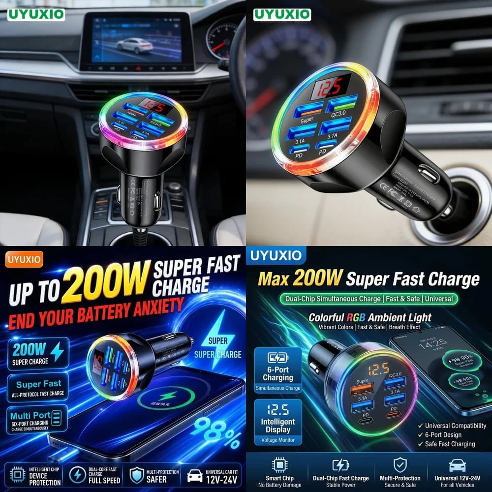 Multi USB Type C Car Charger Plug New Products 2026 for iPhone 18 17 16 Samsung S26 S25 S24 with RGB Light Fast Charging Adapter
