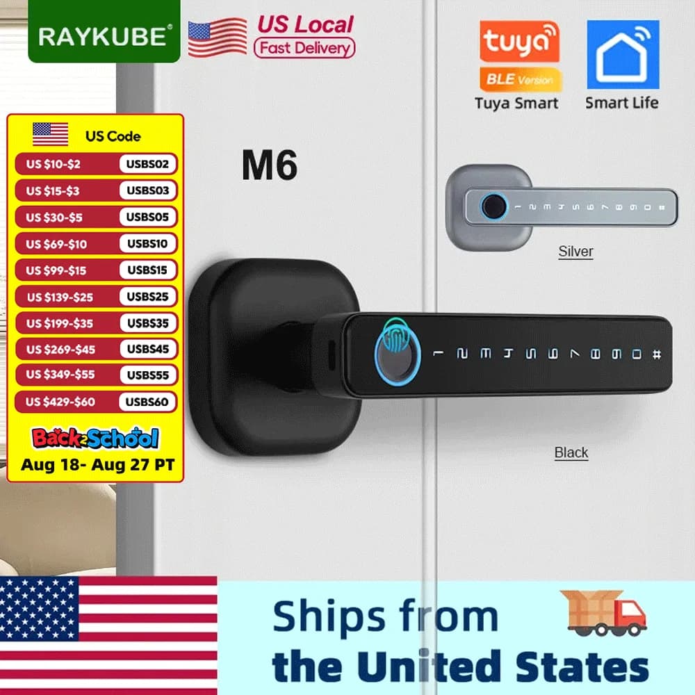 RAYKUBE M6 Tuya BLE Camera da letto Serratura elettronica digitale Serratura per impronte digitali con password/chiave/scheda IC/APP Tuya Sblocco dagli Stati Uniti