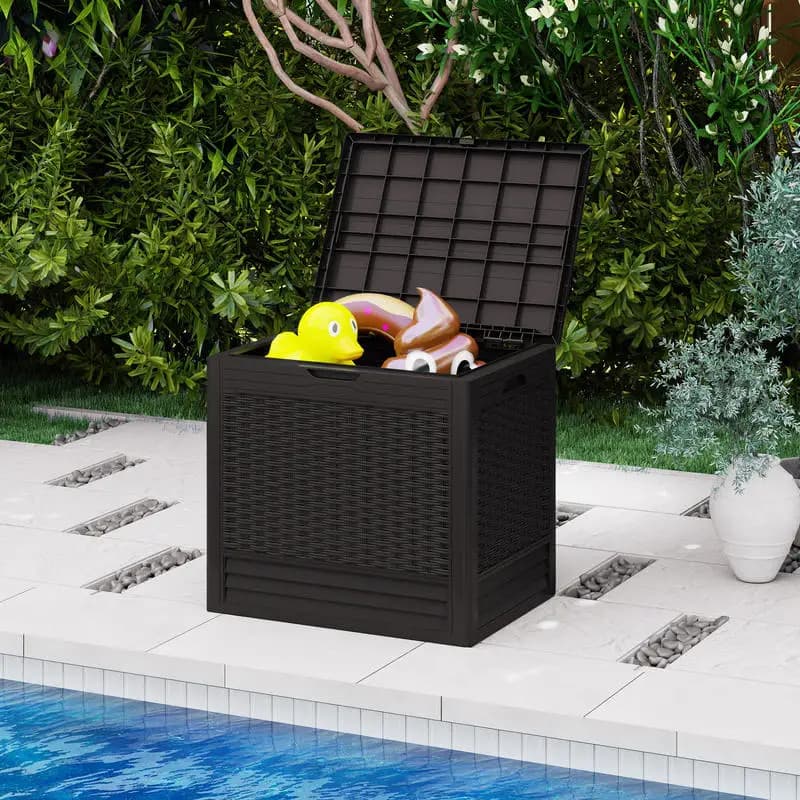 Rattan Pattern PP Storage Box with Lockable Lid, Outdoor Plastic Container Brown