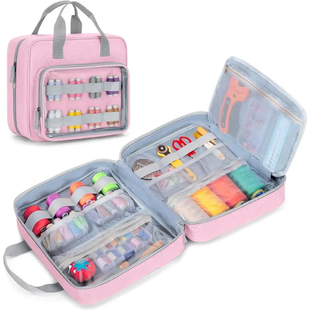 Organizzatore per riporre cucito con design Folio Open, borsa per organizer da cucito con tasche versatili per kit da cucito, rosa