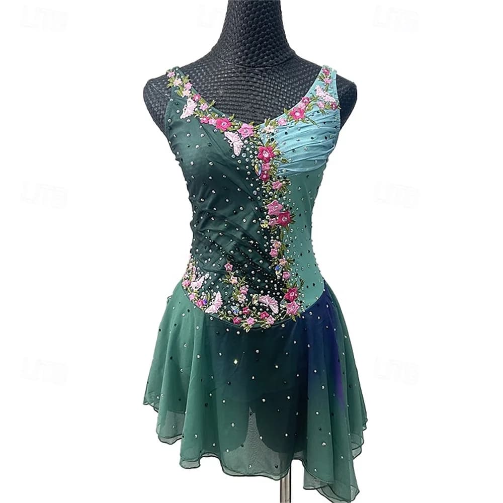 Abito da pattinaggio su ghiaccio Abito da pattinaggio di figura elegante da donna Maniche in rete in tessuto traspirante per l'allenamento quotidiano