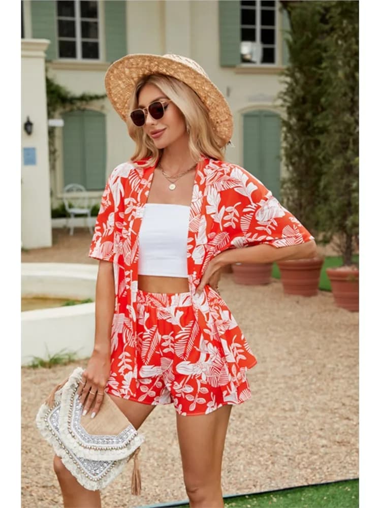 Set casual estivo da 2 pezzi Camicia a maniche corte con stampa floreale nuova da donna Top Pantaloncini in vita elastica Set Abito ampio elegante alla moda