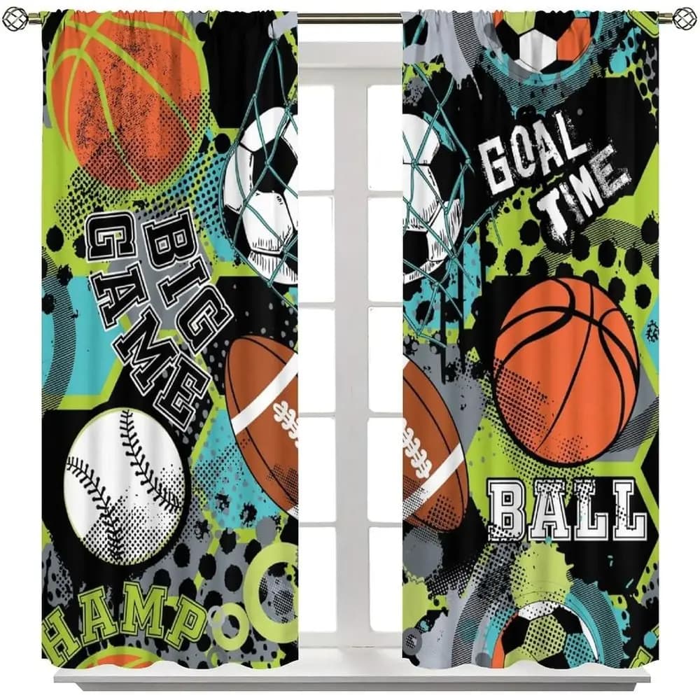 Youthful Sports-Themed Window Curtains for Soccer, Basketball, and Rugby Enthusiasts - Suitable for Boys and Girls Bedrooms