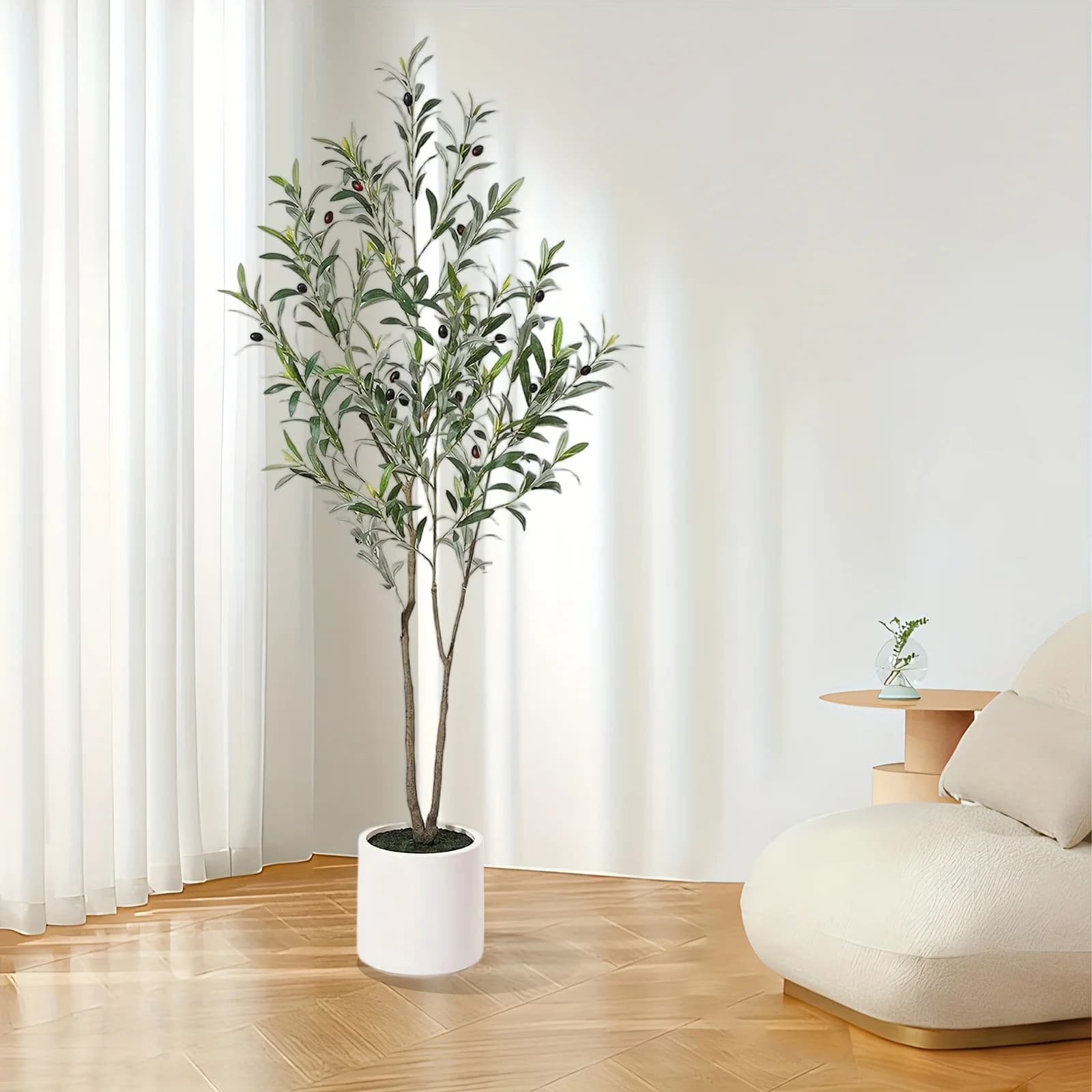 Artificial Olive Tree Set – 7FT / 6FT / 5FT / 4FT Faux Indoor Olive Plants with Natural-Looking Leaves, Sturdy Branches & White Ceramic-Style Planter – Ready-to-Display Home Decor for Living Room, Bedroom or Office