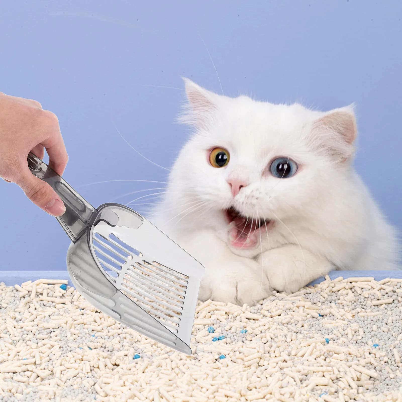 Paletta per lettiera per gatti di grandi dimensioni, resistente, con setaccio a maglia fine per lettiera in tofu e pellet di pino, manico lungo ergonomico in plastica, per lettiera.