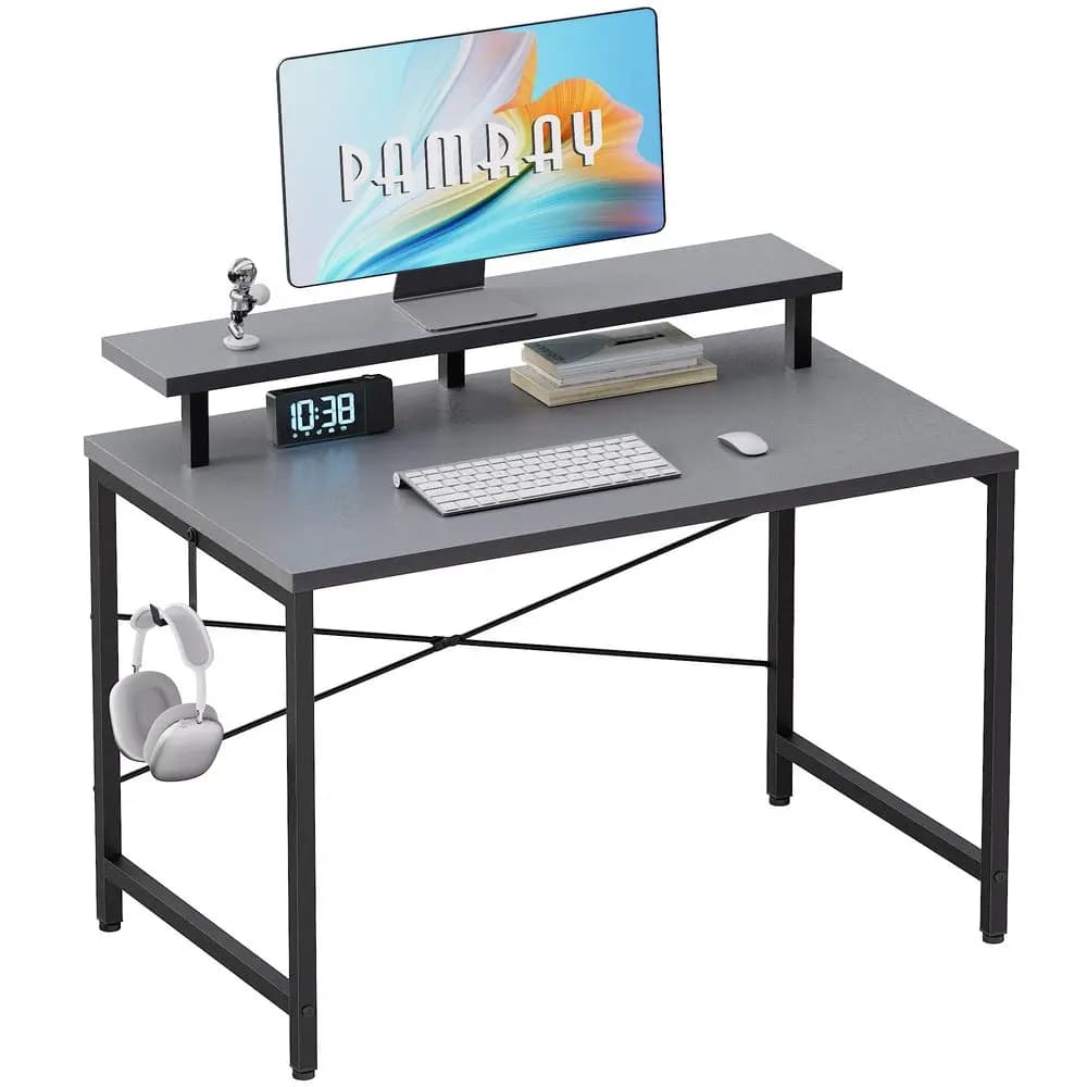 Scrivania per Computer da 32 Pollici con Supporto per Monitor, Semplice Scrivania da Ufficio con Gancio per Cuffie per Piccoli Spazi, Tavolo per Studio e Scrittura per Bambini