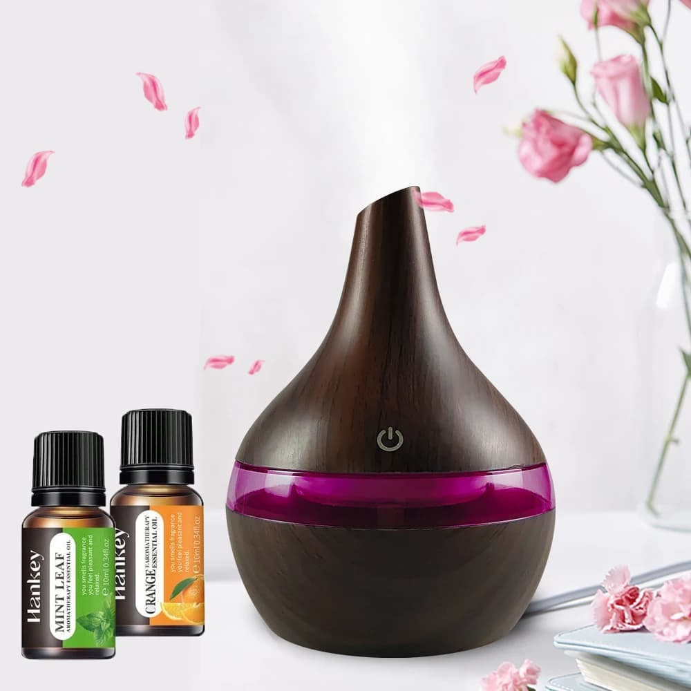 Umidificatore a venature del legno da 300 ml e diffusore di oli essenziali alimentato tramite USB con 2 oli aromatici