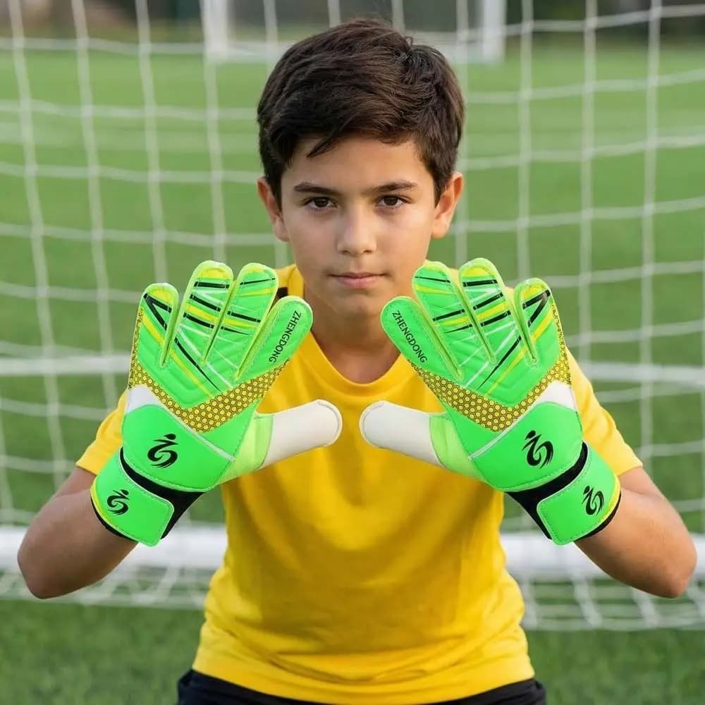1 paio di guanti da calcio per bambini in lattice a doppia faccia, guanti da portiere con protezione per le dita, guanti da portiere morbidi e antiscivolo