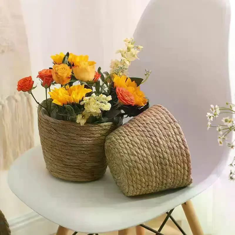 Wicker Straw Flower Pots Set Handmade Planters for Garden Terrace Planting Eco Style Home Decor