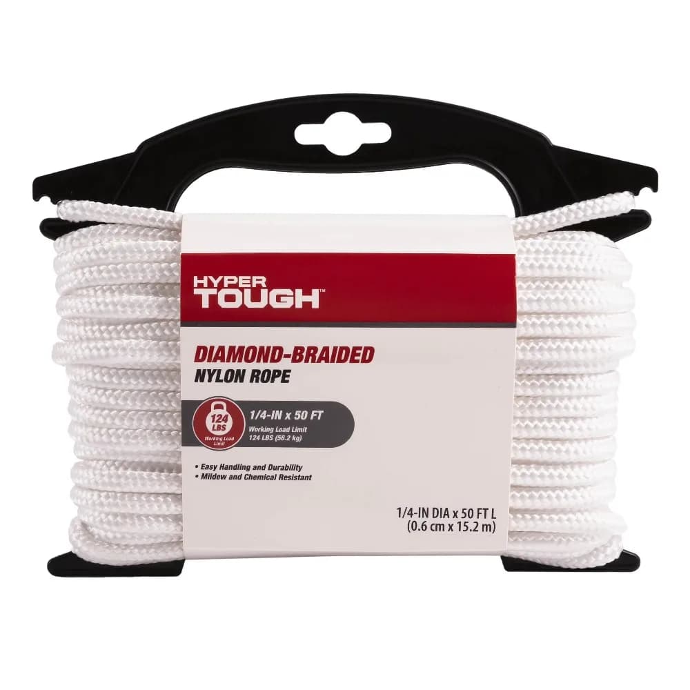 Nylon Blend Diamond Braid Rope White Quarter Inch by 50 Feet Premium High Strength All Purpose Utility Cord for Camping Hiking Boating Marine Crafts DIY Home Projects Outdoor Survival Gear and Tactical Equipment Heavy