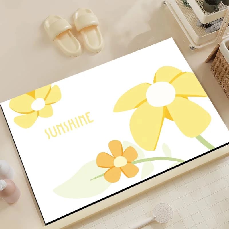 Minimalist bathroom mat with yellow VIKAMA floral pattern, non-slip floor carpet "SUNSHINE"