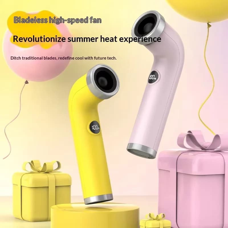 Creative and stylish bladeless high-speed turbine handheld mini fan hair dryer with digital display and curved nozzle.