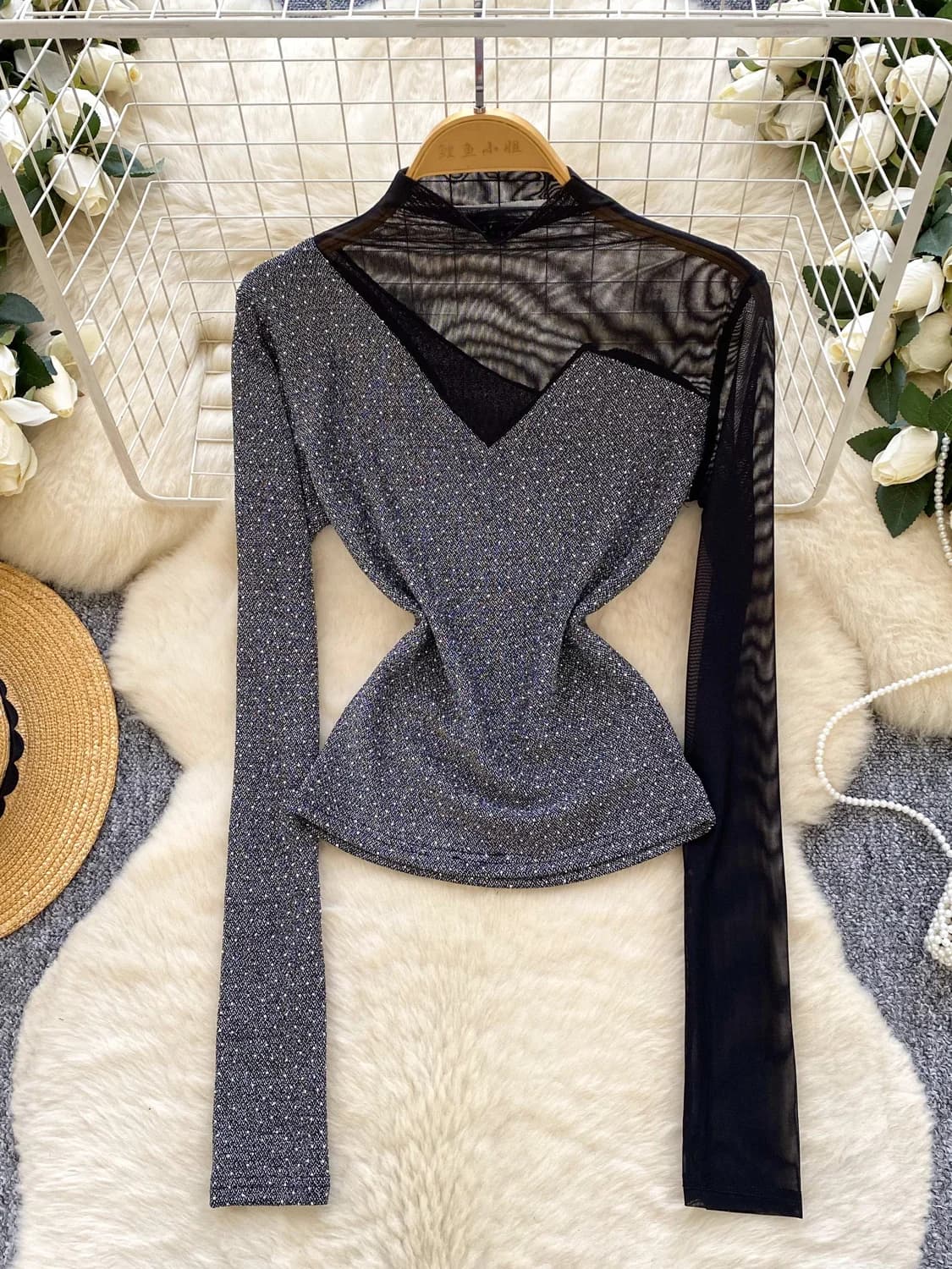 Camicetta da donna primavera/autunno leggera di lusso da donna in maglia a maniche lunghe patchwork con strass T-shirt aderente di fascia alta BL296