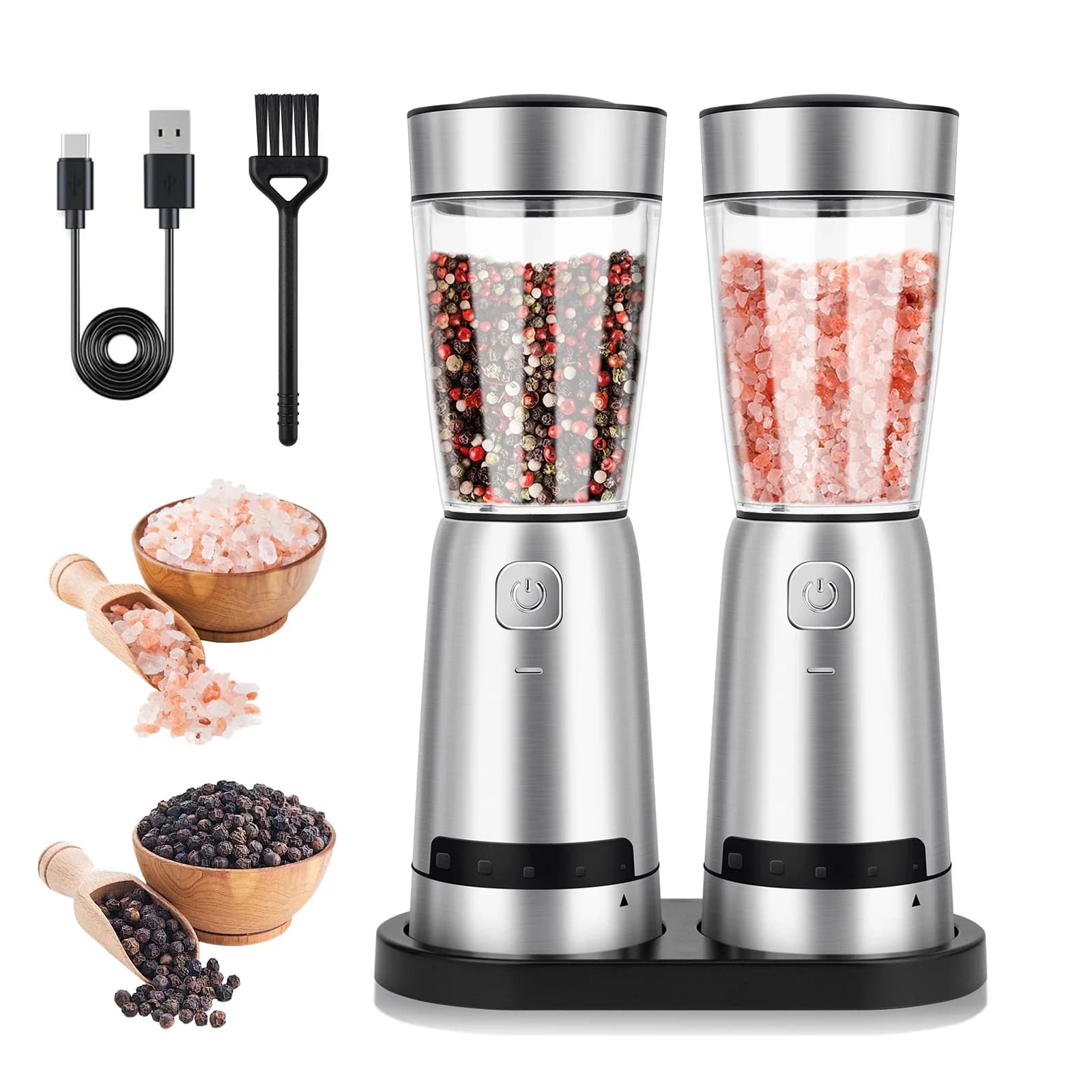 2Pcs Electric Salt And Pepper Grinder Stainless Steel Rechargeable Spice Grinders 150ml Capacity Pepper Mills Set With Base