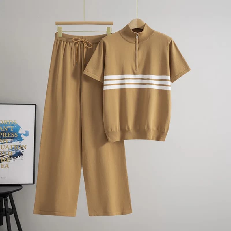 Summer Knitted Half Zipper Women's Set Loose Wide Leg Pants Two-Piece Suite Elegant Casual Sportswear Chinese Manufacturer