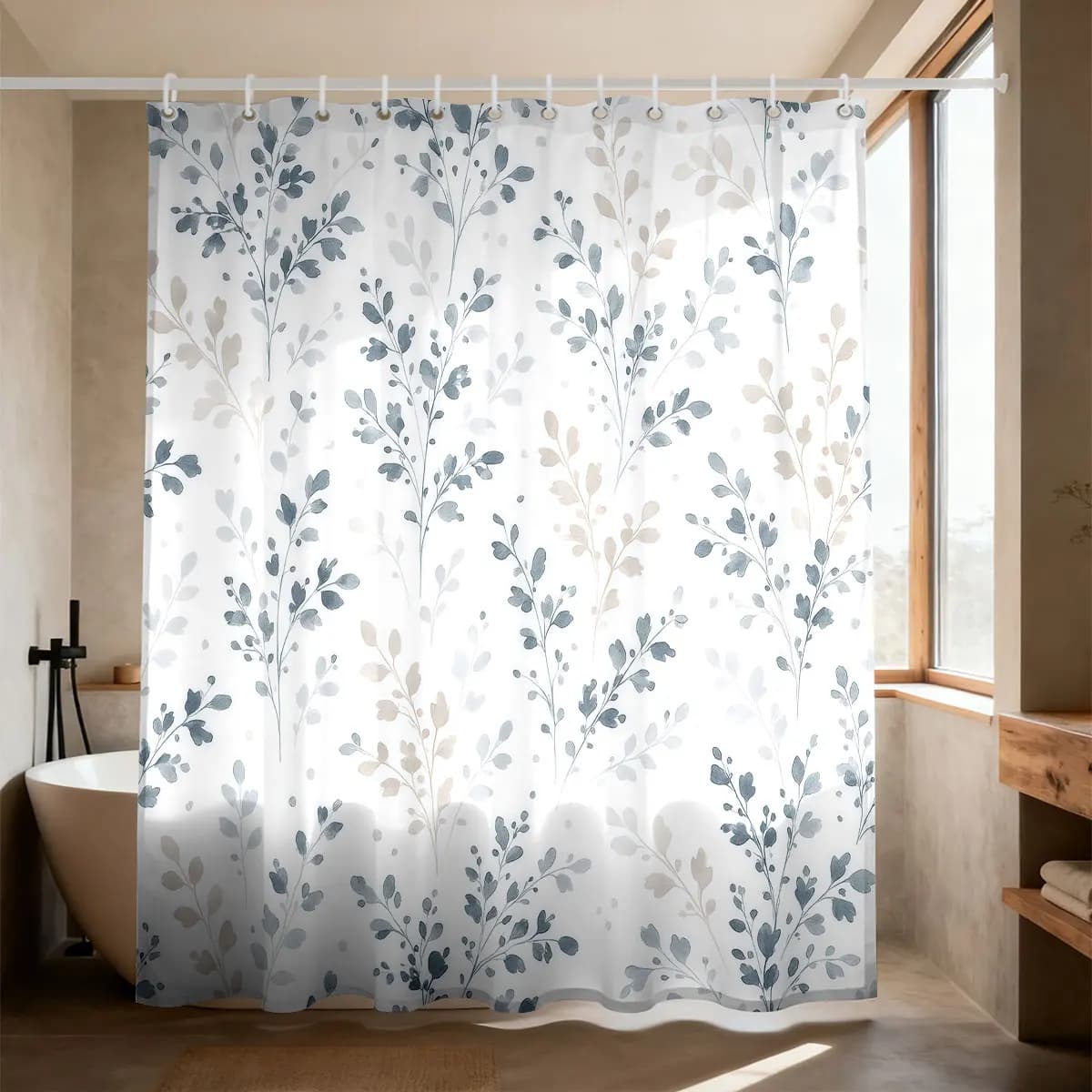 1PC Watercolor HandPainted Fresh Elegant Branches Leaves Shower Curtain Privacy Partition Bathroom Hanging Curtain