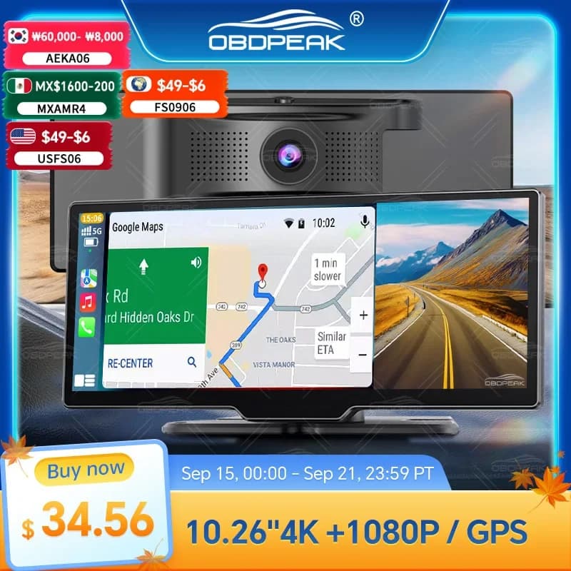 DVR for 10.26 inch 4K Dash Cam Dual Lens Wireless Carplay Android Auto Video Recorder Monitor GPS Navigation 5G Wifi BT AUX Out