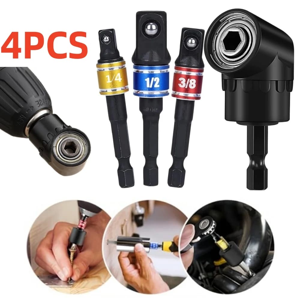Set di adattatori per chiavi a bussola da 4 pezzi 1/4 3/8 1/2" universali con trapano ad angolo retto 105 ° Prolunga per Punte Esagonali per Cacciavite