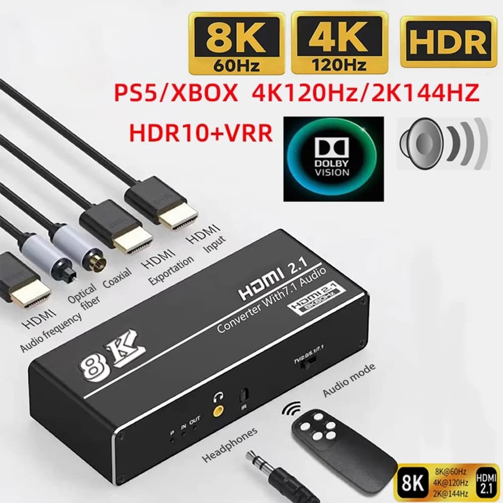 8K 4K 120Hz HDMI 2.1 Audio Extractor Aluminum, Optical Toslink SPDIF Coaxial Adapter 7.1CH for HDTV Converter