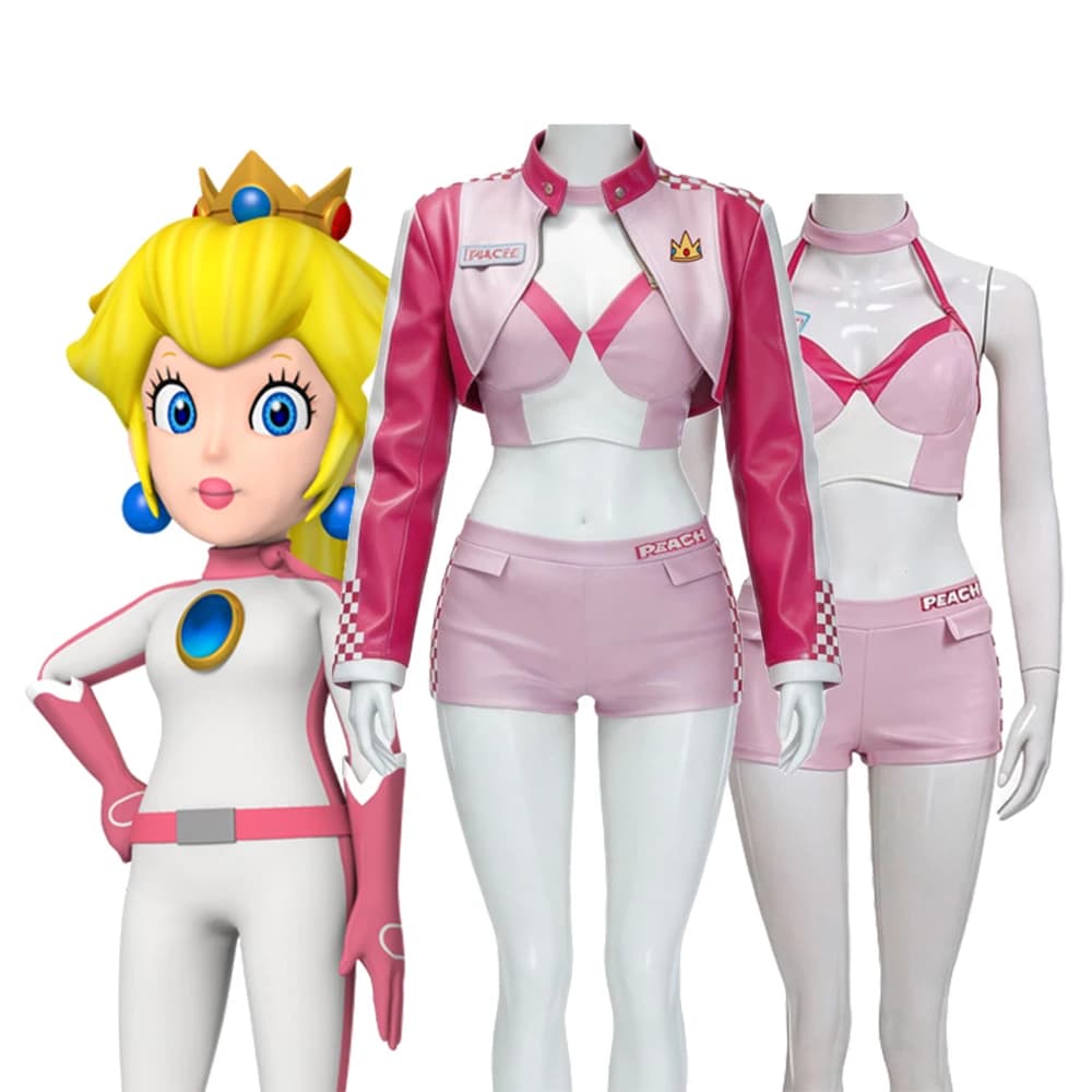 Anime Peach Biqi Princess Cosplay Imitation Leather Pink Short Jacket Pant Racing Suit Costume Uniform Women's Halloween