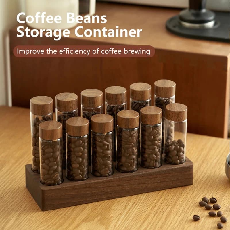 Coffee Bean Storage Container 12 Glass Tubes Walnut Wood Base Single Dose Dispenser with Silicone Funnel