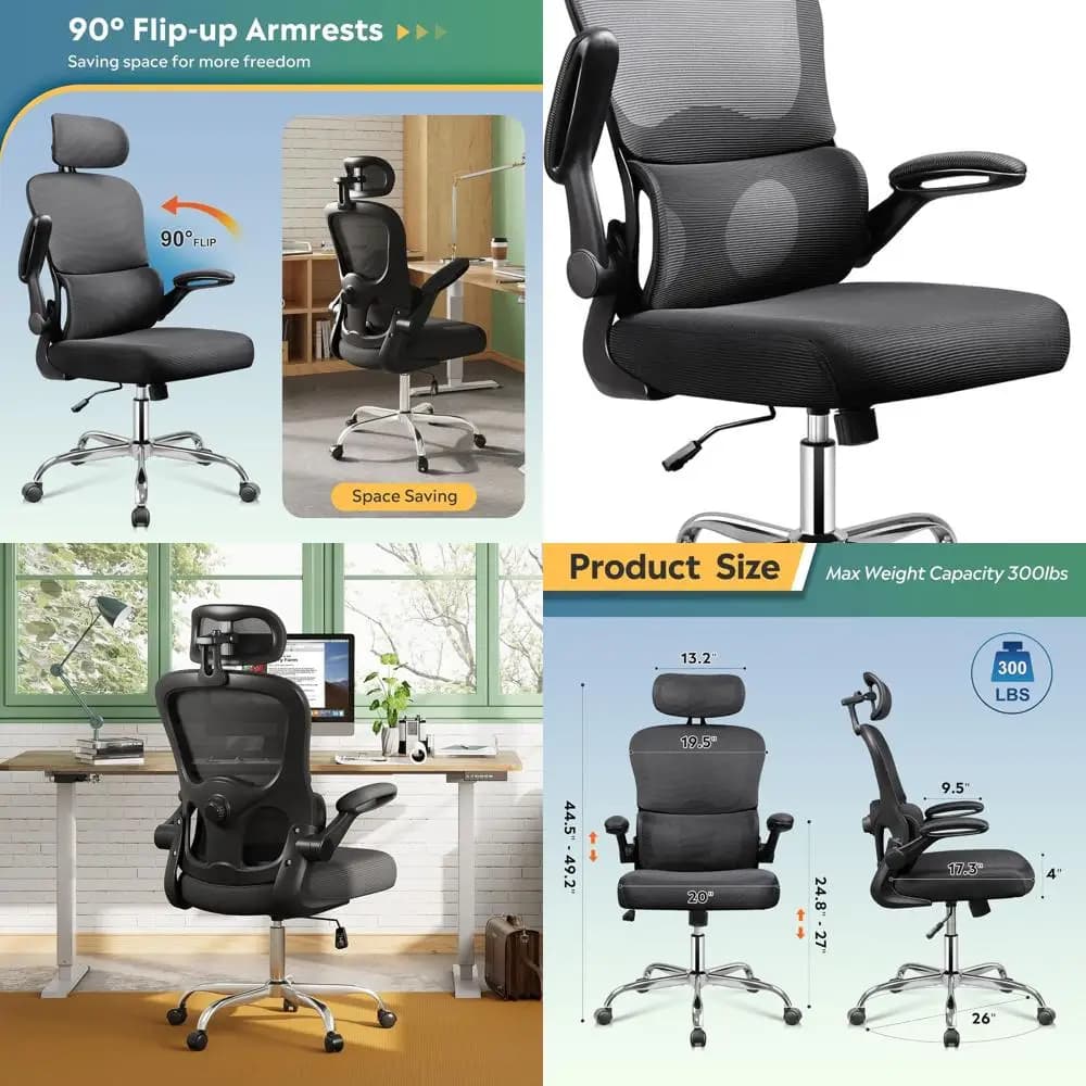 Sedia da scrivania ergonomica in rete, supporto lombare regolabile separato, grande cuscino, braccioli ribaltabili, 90-125 ° Inclinazione dondolo, per la casa O
