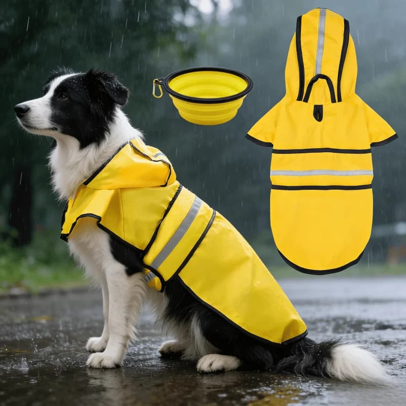 Impermeabile per Cani con Cappuccio, Poncho Pieghevole, Ciotola in Silicone per Cibo e Acqua, Regolabile, Riflettente, per Cani Piccoli e Grandi
